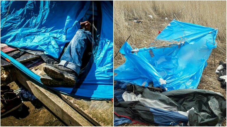 اثنان من اللاجئين القاصرين - ينامون في خيمة صنعوها من أكياس القمامة بجنوب هولندا