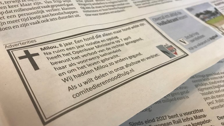 إعلان حداد على كلب متوفى في صحيفة Volkskrant الهولندية