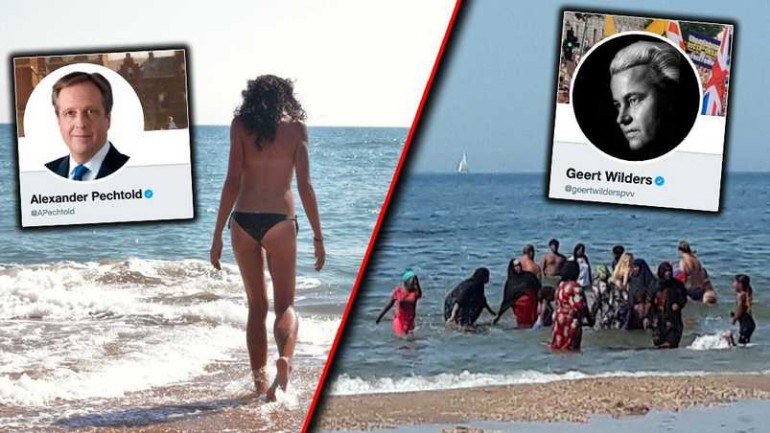 فيلدرز زعيم PVV وبختولد زعيم D66 يتشاحنان حول الأثداء العارية والبوركيني على شاطيء Den Haag