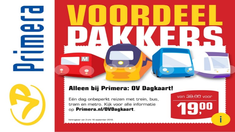 عرضOV Dagkaart من Primera تخفيض من 39€ إلى 19€ -  للسفر غير المحدود ليوم واحد في القطار والباص والترام والمترو بجميع أنحاء هولندا