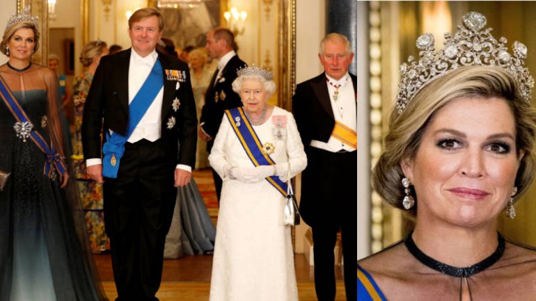 الملكة مكسيما تتألق بتاج الألماس من ستيوارت على مأدبة العشاء اثناء الزيارة الملكية لبريطانيا