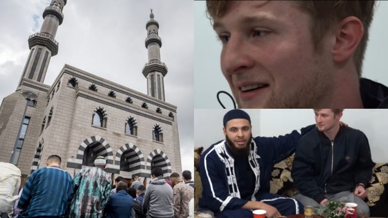 طالب نيوزيلندي يأتي باكيا و حاملا الورود إلى المصلين في مسجد السلام في روتردام