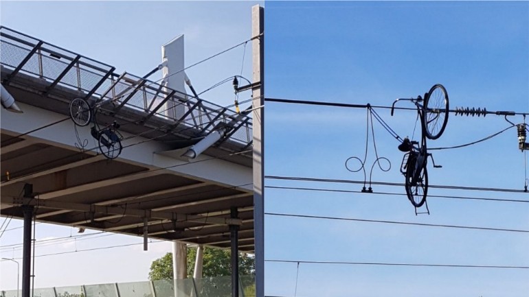 توقف حركة القطارات لساعات في أرنهيم بسبب دراجة هوائية عالقة في خط الطاقة العلوي